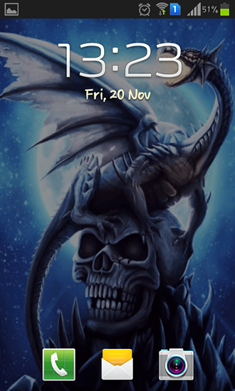 Captura de tela do Dragão no crânio em telefone celular ou tablet.